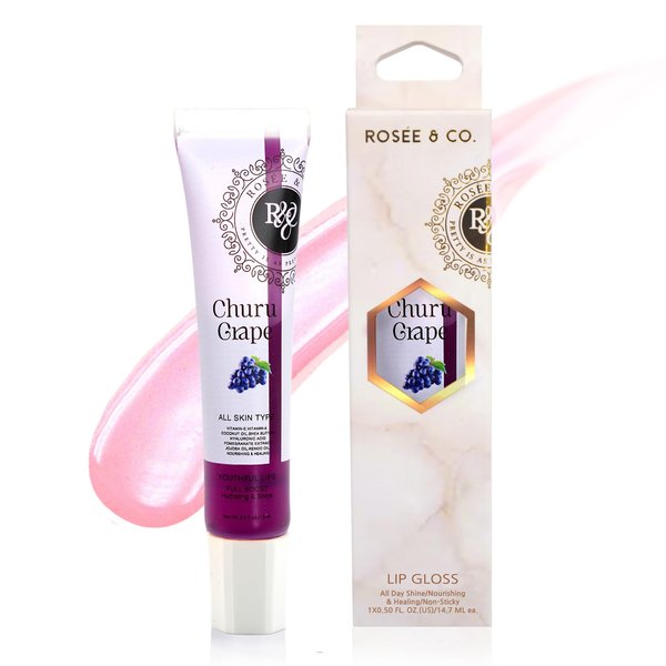 ROSÉE & CO Rosee Lip Gloss Vegan & Cruelty Free Treatment, Long Lasting Glossy with Shea Butter, Moisturize, Protect & Smooth - Clear (p.ChuruGrape)