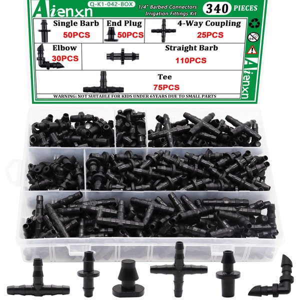 Aienxn 340PCS 1/4" Drip Irrigation Kit Barbed Connectors, Straight Barb, Tee, Single Barb, End Plug, Elbow, 4 Way Coupling Irrigation Fittings for Garden Lawn Flower Pot Q-K1-042-BOX