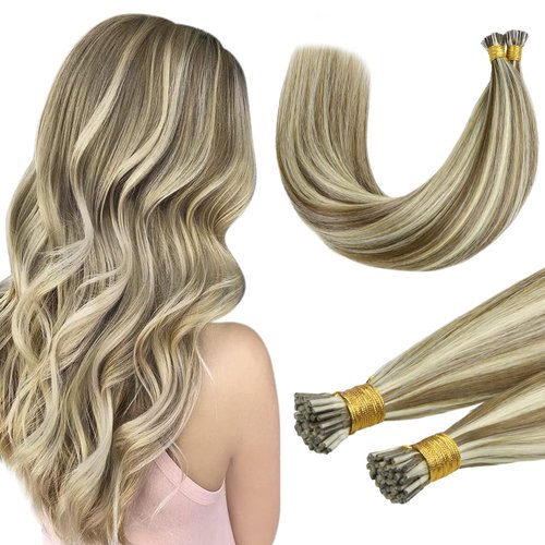 DOORES ITip Human Hair Extensions for Women, Light Brown Highlighted Medium Blonde 50g/50s 20 Inch, Straight Real Hair Extensions invisible Hair Extensions straight Hair Extensions