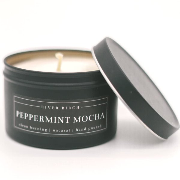 River Birch Candles Peppermint Mocha Scented Candle | Premium, All-Natural, Non-Toxic, Soy Candles | 8 oz. Black Matte Tin Travel Candle | Cozy Relaxing Gifts for Home