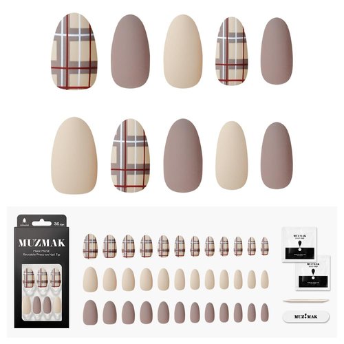 MUZMAK Reusable Press on Nails Long Medium Short 36Pcs Pink Fake Nails with Designs Red french tip Cute Gel (Cozy Sand(Almond))