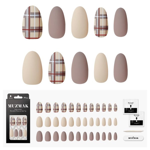 MUZMAK Reusable Press on Nails Long Medium Short 36Pcs Pink Fake Nails with Designs Red french tip Cute Gel (Cozy Sand(Almond))