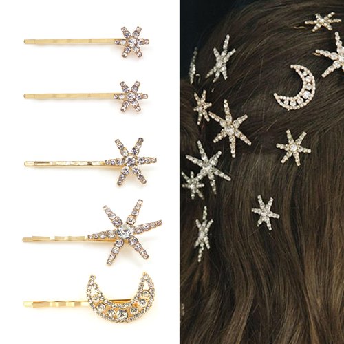 Stars and Moon Hair Bobby Pins for Women Snowflake Flower Hair Clip Alligator Crystal Rhinestone Hair Accessories for Holiday Wedding Birthday Bridal Prom Hairpin Gold