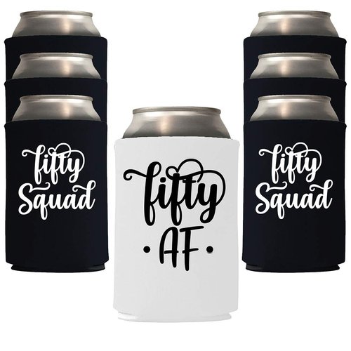 Veracco Fifty AF 50 Years Can Coolie Holder 50th Birthday Gift Fifty Squad and Fabulous Party Favors Decorations (Black/White, 6)