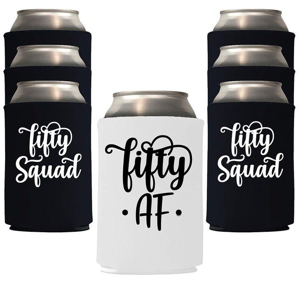 Veracco Fifty AF 50 Years Can Coolie Holder 50th Birthday Gift Fifty Squad and Fabulous Party Favors Decorations (Black/White, 6)