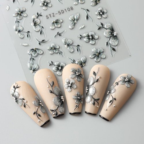 5D Flower Nail Stickers Embossed Flower Stickers for Nails Floral Nail Decals with Glitter Design Summer Cherry Blossom Nail Art Stickers Adhesive Black Flowers Gel Nail Stickers for Women Girls
