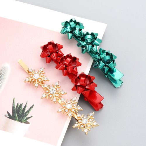 ANGLESJELL Christmas Hair Clips for Women Xmas Bow Hair Clips Statement Holiday Hairpins Crystal Snowflake Hair Accessory Festive Party Jewelry Gifts