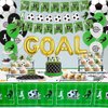 Soccer Party Supplies - 3 Set Soccer Themed Happy Birthday Banners, 1 Table Cloth, 10 Cake Toppers and 15 Soccer Theme Balloons Decorations for Kids and Soccer Fans Birthday Party