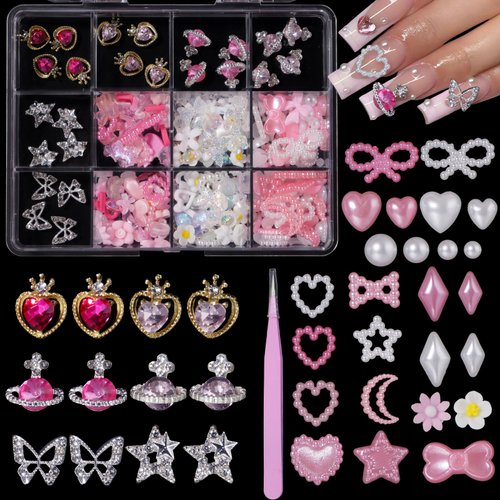 3D Multi Shapes Nails Charms Gems Set, Star Heart Planet Butterfly Nail Rhinetones Charms, Flowers Bows Hollow Star Moon Pearls Acrylic Nail Art Charms for Manicure DIY Crafts Jewel Accessories