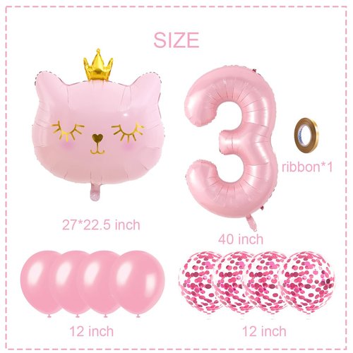 Cat Birthday Decorations, Cat Balloons, Pink 3 Balloon Number 40inch, Cat Themed Birthday Party Decorations, 3rd Birthday Decorations For Girl