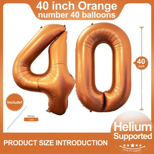 Number 40 Orange Balloons 40 Inch Giant Orange 40 Number Foil Helium Balloons for 40th Orange Birthday Party Supplies 40th Anniversary Events Decorations