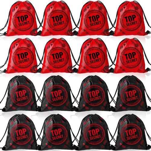 Amylove 16 Pcs Top Secret Theme Party Favor Escape Room Party Favors Drawstring Birthday Gift Bags Detective Party Favors Snack Candy Storage for Birthday 9 x 12 Inches