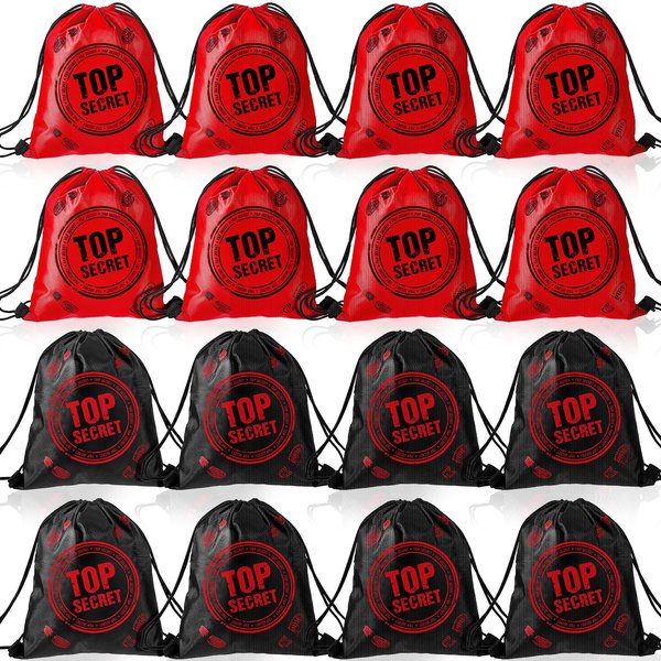 Amylove 16 Pcs Top Secret Theme Party Favor Escape Room Party Favors Drawstring Birthday Gift Bags Detective Party Favors Snack Candy Storage for Birthday 9 x 12 Inches