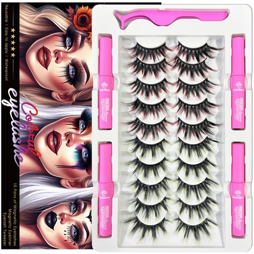 Color Magnetic Eyelashes Colored Eyelashes for Halloween Party Cosplay Makeup Kit,MIX 2 Style 10 Pairs Magnetic Lashes with Eyeliner, Wispy Cat-Eye Look 18-23MM Fake Eyelash Cruelty-Free & Vegan
