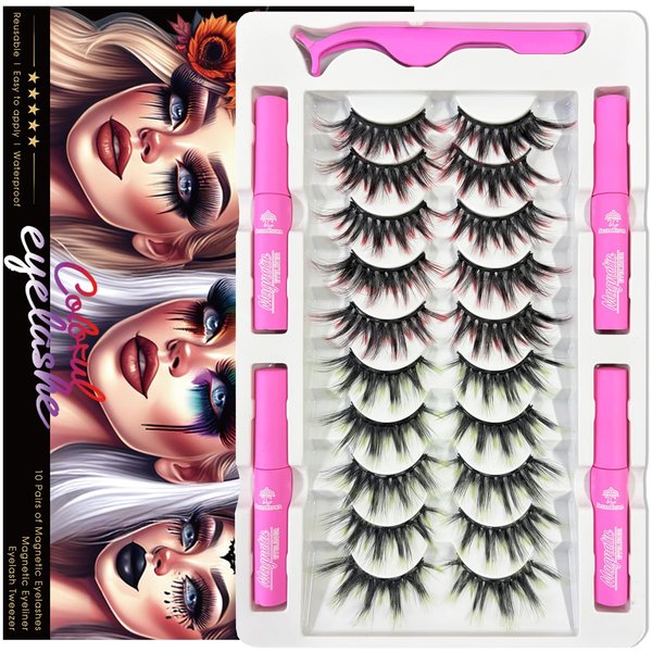 Color Magnetic Eyelashes Colored Eyelashes for Halloween Party Cosplay Makeup Kit,MIX 2 Style 10 Pairs Magnetic Lashes with Eyeliner, Wispy Cat-Eye Look 18-23MM Fake Eyelash Cruelty-Free & Vegan