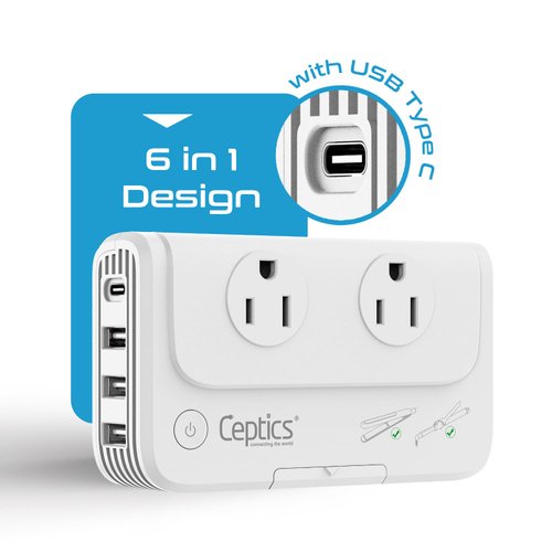 Ceptics Travel Voltage Converter -200W Convert 220V to 110V for Curling Iron, Straightener, Chargers, Step Down World Power Plug - 4 USB Charging QC 3.0 - SWadApt - Type A, B, C, E/F, G, I Included