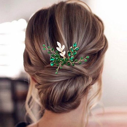 BETITETO Crystal Bridal Hair Comb Wedding Gold Vine Leaf Rhinestone Hair Piece Accessories for Women Girls (Green)