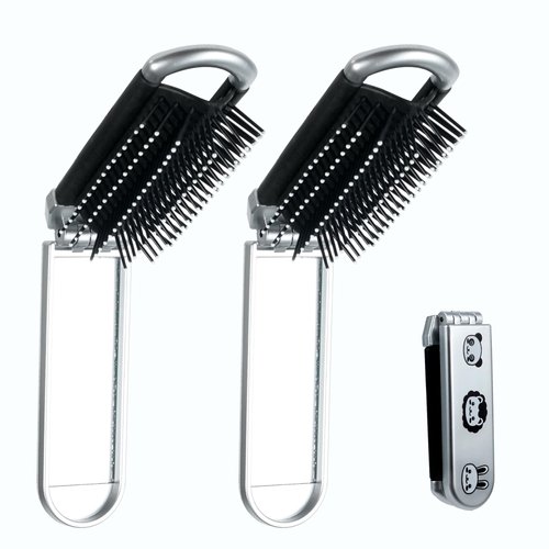 2Pcs Foldable Travel Hair Brush with Mirror,Pocket Hair Brush,Massage Comb Compact Hair Brush,Travel Hair Brush and Mirror,Mini Travel Hairbrush for Women Girls,Animals