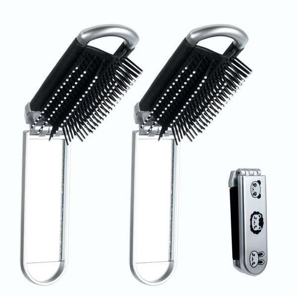 2Pcs Foldable Travel Hair Brush with Mirror,Pocket Hair Brush,Massage Comb Compact Hair Brush,Travel Hair Brush and Mirror,Mini Travel Hairbrush for Women Girls,Animals