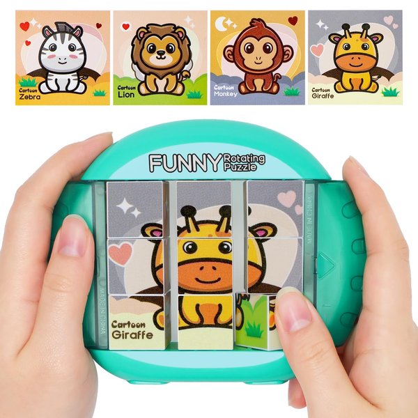 Fullware Rotating Puzzle for Kids 3 4 5 6 7 8 Year Old, 4 Puzzles in 1, Toddlers Travel, Car, Airplane, Road Trip Activities, Fine Motor Skills, Fidget, Gift for Boys & Girls Ages 3+(Animals