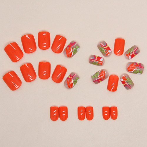 Square Press on Nails Short Fake Nails with Floral Designs Orange Nails Press ons Glossy Glue on Nails Summer Fall Acrylic Nails Full Cover Artificial Stick on Nails for Women 24Pcs