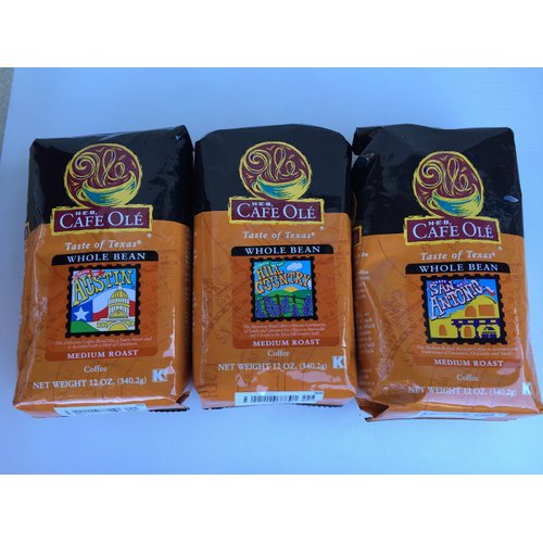Bundle-3 items: HEB Cafe Ole Whole Bean Coffee-"Taste of Central Texas" (San Antonio, Austin, Hill Country)