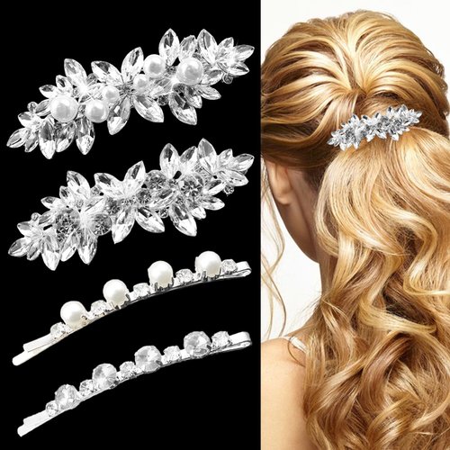 4 Pieces Rhinestone Bridal Hair Clip, Pearls Wedding Hair Pins Crystal Hair Clips Diamond Hair Clips, Rhinestone Jewelry Barrette Vintage Hair Accessories Pearl Hair Clips Hair Accessories for Women