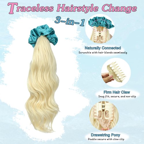 BUPPLER Ponytail Extension with Scrunchies Ponytail Wig Claw Clip in Fake Ponytail Hair Extensions Synthetic High/Low Pony Tail Hair Piece for Women (Green Scrunchie Cool Blonde Wavy)