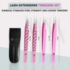 BeautyPros Eyelash Extension Tweezers - Stainless Steel Straight & Curved Tweezer Set - Classic Tip Tweezers For Volume Lash Extension - Pack of 2 - Pink Tweezers (Pink)
