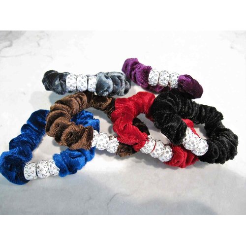 Generic Small colorful velvet hair tie pony tail holder scrunchie with crystals rings (Primary color: Red)