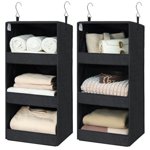 GRANNY SAYS Hanging Closet Shelf, 3-Shelf Foldable Hanging Organizers and Storage, Hanging Organizer for Camper Organization, Black, 2-Pack