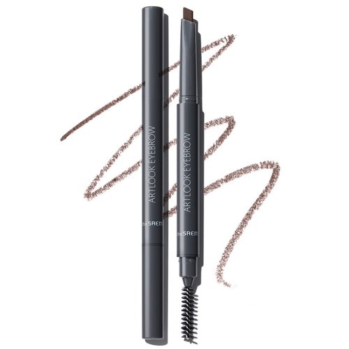 THESAEM Artlook Eyebrow Definer Pencil with Spoolie Brush 03 Gray Brown – Long Lasting Eyebrow Pencil for Soft Textured Eyebrow Makeup with Vitamin E - Triangular Pencil