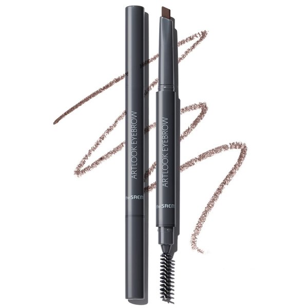 THESAEM Artlook Eyebrow Definer Pencil with Spoolie Brush 03 Gray Brown – Long Lasting Eyebrow Pencil for Soft Textured Eyebrow Makeup with Vitamin E - Triangular Pencil