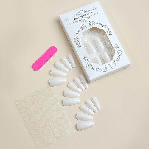 AkiliBIELY Coffin Press on Nails Short Medium White Milky Fake Nails Acrylic Gel Glue on Nails Fantasy Stick on Nails For Women False Nails Classy Aesthetic Wedding Birthday