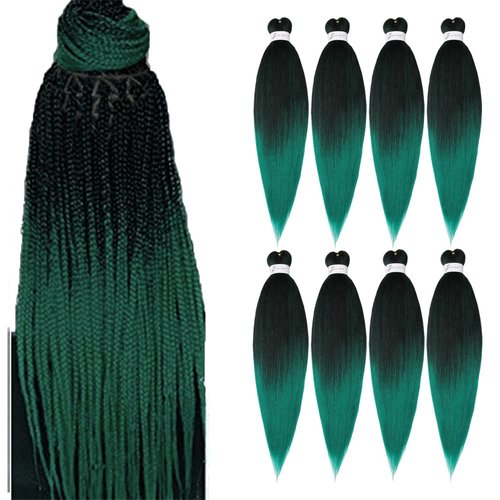 Pre-Stretched Braiding Hair Extensions Ombre Black to Green - 20 inch 8 Packs Synthetic Crochet Braids, Hot Water Setting Professional Soft Yaki Texture (20inch,#1B/Green)