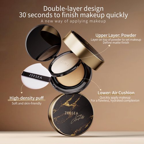 zeesea 2 in 1 Cushion Foundation,Makeup Double Layer Cushion BB Cream &Setting Powder for Oil Control,Tinted Moisturizer,Long-lasting, Natural, 0.32 + 0.18oz (9g + 5g)