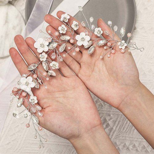 EASEDAILY Flower Bridal Hair Vine Silver Crystal Wedding Headpiece Pearl Hair Accessories for Women and Brides