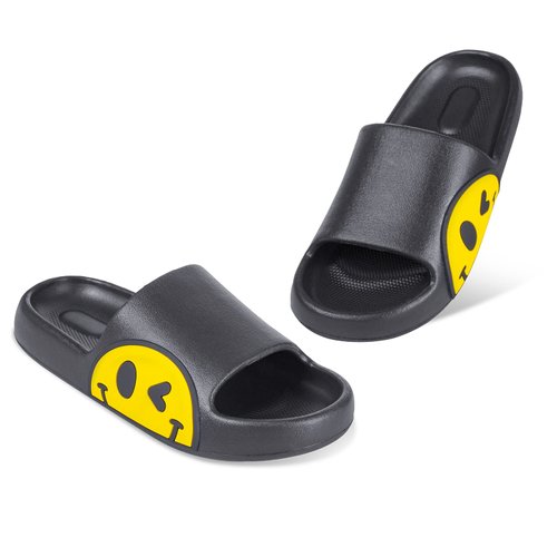 Uonesone Womens Slides,Pillow Slippers Sandals for Men,Unisex Non slip Quick Dry Shower Shoes Indoor Outdoor Open Toe Spa Bath Pool Gym House Casual Massage Smile Face Slippers(Black 39/40)