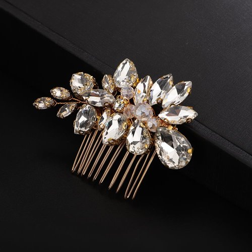 Teyglen Rhinestone Wedding Hair Comb Gold Crystal Bridal Hair Piece Crystal Bride Wedding Hair Comb Sparkly Rhinestone Headpiece Hair Accessories for Women Girls (Gold)