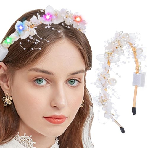 Sinalty Light up White Pearl Headbands Flower Princess Hair Band LED Bridal Wedding Hair Accessories for Women and Girls