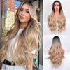 Vitorish Ombre Blonde Wig,28 Inches Long Wavy Curly Ombre Blonde Wig with Dark Root Small Lace Synthetic Heat Resistant Wigs for Women Daily Party Use (Ombre Blonde)