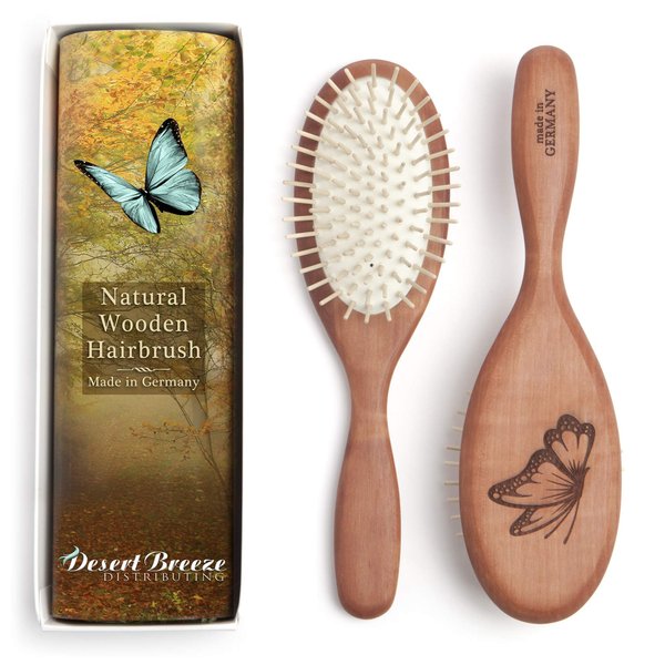 Desert Breeze Natural Wood Bristle Hair Brush, Gentle Scalp Massage, Pear Wood Handle, Made in Germany, For All Hair Types, Rounded Wood Pins, Anti-Static