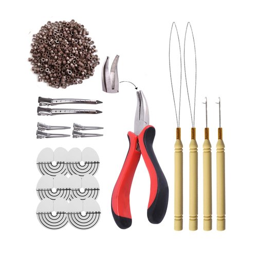 500pcs Micro Silicone Rings Beads Hair Extensions Kit I-tip Hair Pliers Micro Pulling Hook Needle Loop Threader and Micro Silicone Links (Brown)