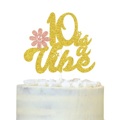Happy 10th Birthday Cake Topper, 10 is a Vibe, 10 Groovy Years, Glittery Boys Girls 10th Birthday Party Decorations Supplies