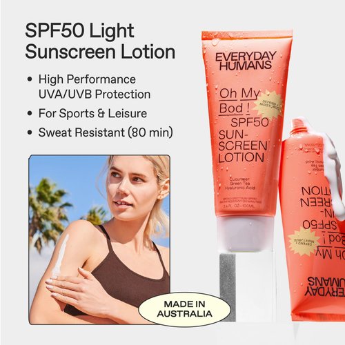 Everyday Humans Oh My Bod SPF50 Sunscreen Body Lotion 3.4 oz | Travel Ultra Light & Invisible SPF | Sweat & Water Resistant | Doesn't Sting Eyes | UVA/UVB Broad Spectrum Protection | Oxybenzone Free
