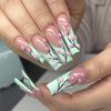 Green French Tip Press on Nails Extra Long Ballerina Coffin Nails 3D Pink Flower False Nails Glossy Full Cover Artificial Fake Nails Reusable Stick on Nails with Glue on Nails for Women DIY Manicure