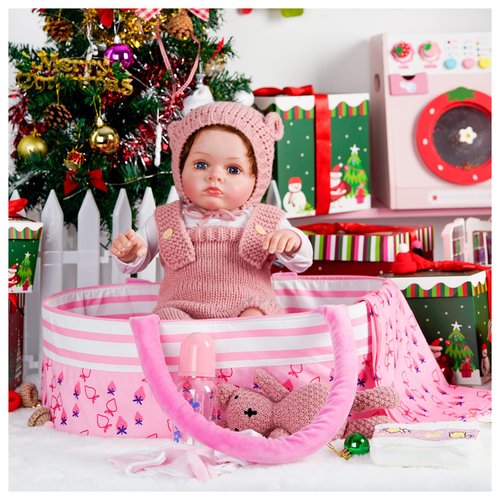 ARTST 9PCS Reborn Baby Doll Accessories with Bassinet,Baby Doll Clothes Knitted Outfit for 17-22 inch Newborn Baby Doll Girls(NO Doll)
