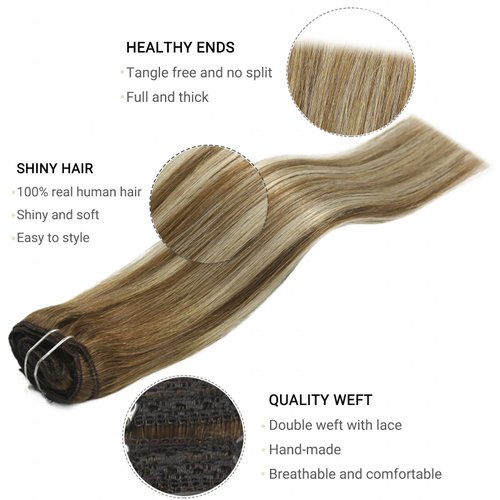 FUBILI Clip in Hair Extensions Chestnut Brown Balayage to Platinum Blonde Mix Brown Real Human Hair Medium Brown Ombre Hair Extensions Remy Human Hair Clip in Extensions 12 Inch 5Pcs 80g