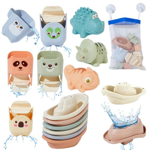 AMCHSURI Bath Toys for Kids Ages 1-3, 14 Pack Mold Free Toddler Bath Toys for 2-4 Bathtub Water Toys with Floating Boats&Bath Cups and No Hole Animal Floating Pool Toys for Babies 6-12 Months