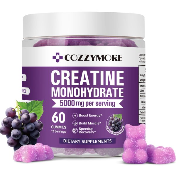Creatine Monohydrate Gummies 5000mg for Men & Women, Gomitas de Creatina Creatine Monohydrate 5g, Creatina Monohidratada Gummy for Muscle Builder, Energy Boost, Pre-Workout Supplement, 60 Count, Grape
